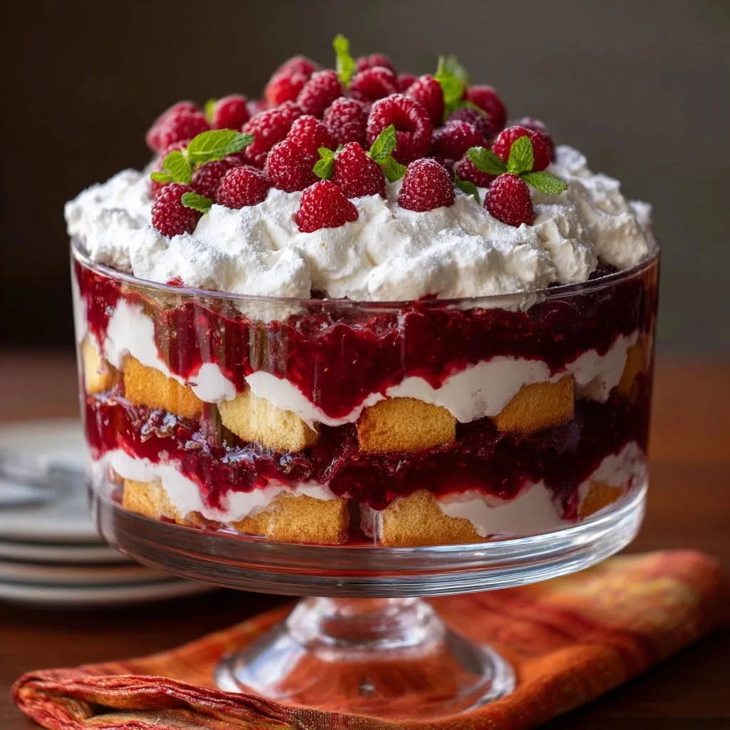 Raspberry Dream Trifle with a generous layer of whipped topping and fresh raspberries on top.