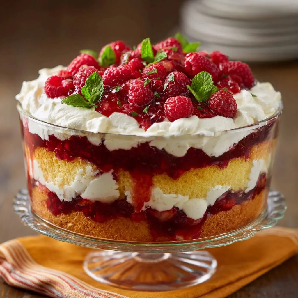 Raspberry Dream Trifle shown in a glass bowl, revealing its perfectly layered cake, cream, and raspberry filling from the side.