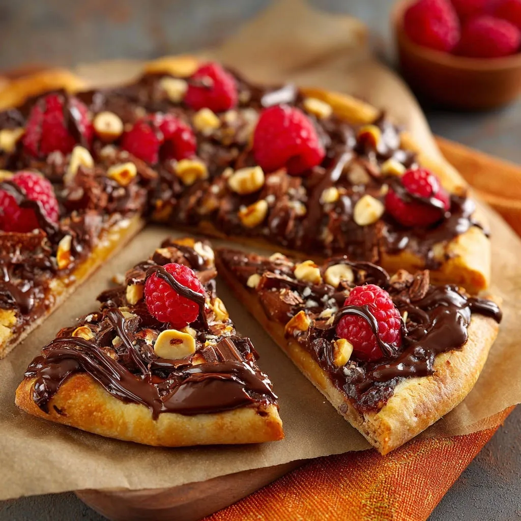 Raspberry hazelnut chocolate pizza, sliced with a close-up view of the toppings and crust.