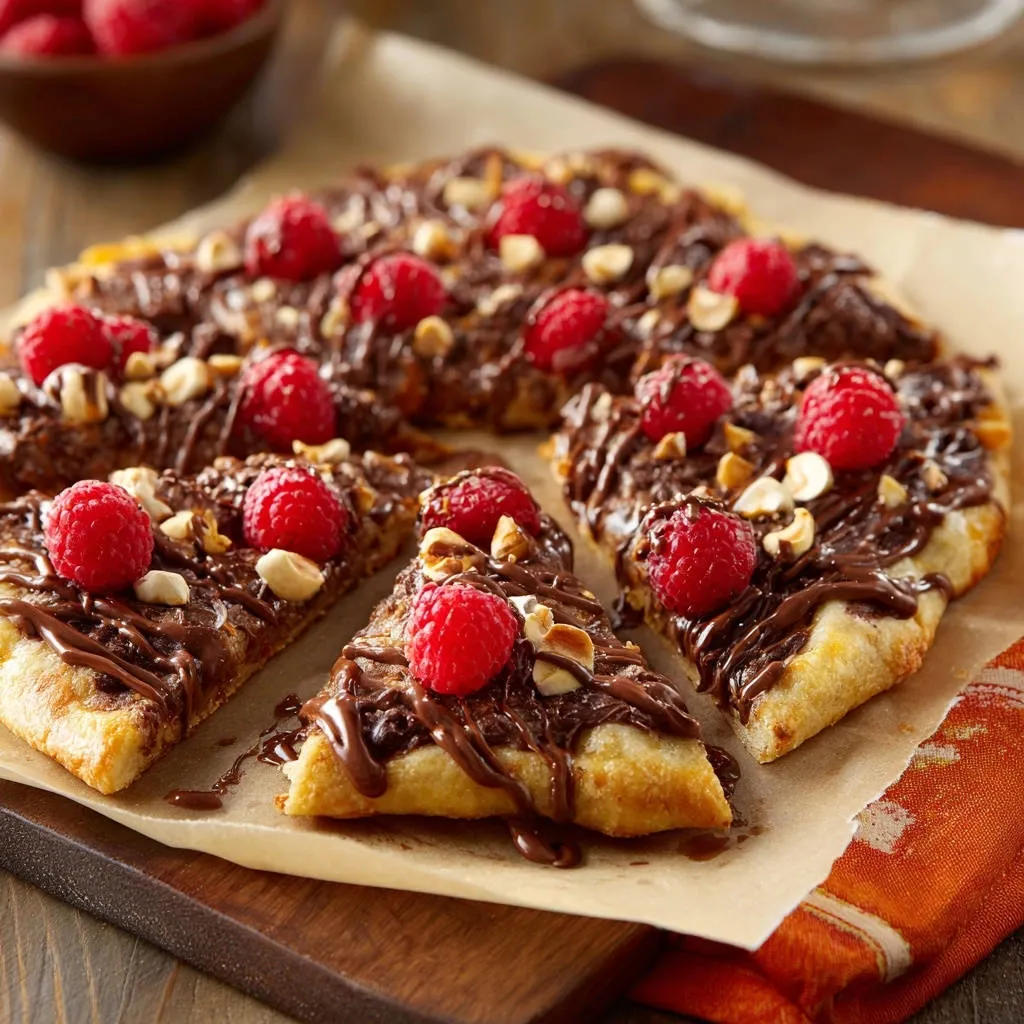 Raspberry hazelnut chocolate pizza shown sliced with a close-up view of the crisp crust and toppings.