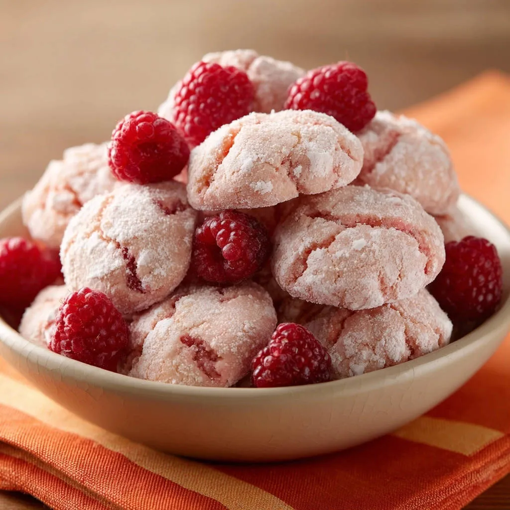 Raspberry snowball cookies in a bowl, dusted with powdered sugar and garnished with fresh raspberries.