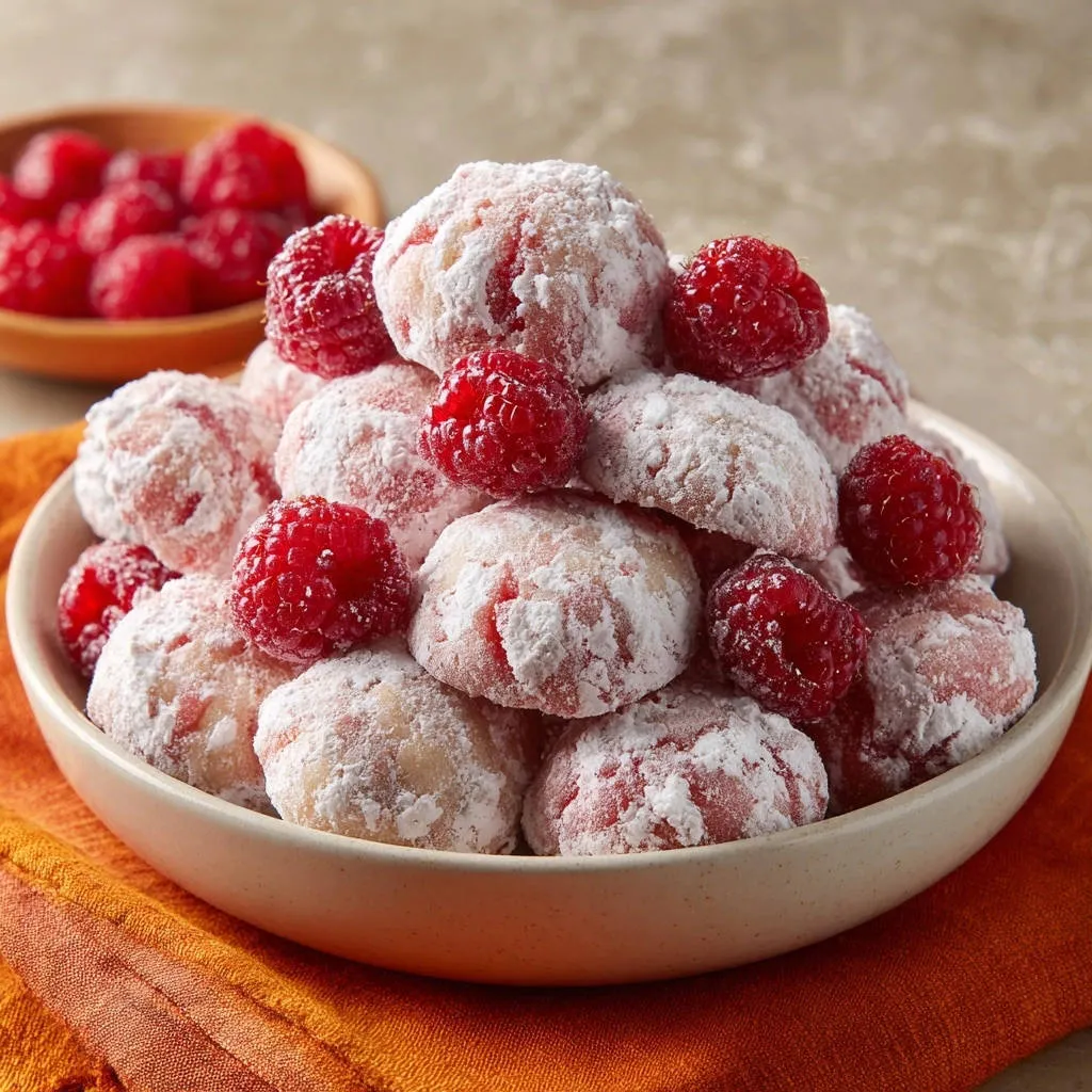 Raspberry snowball cookies in a bowl, dusted with powdered sugar and garnished with fresh raspberries.