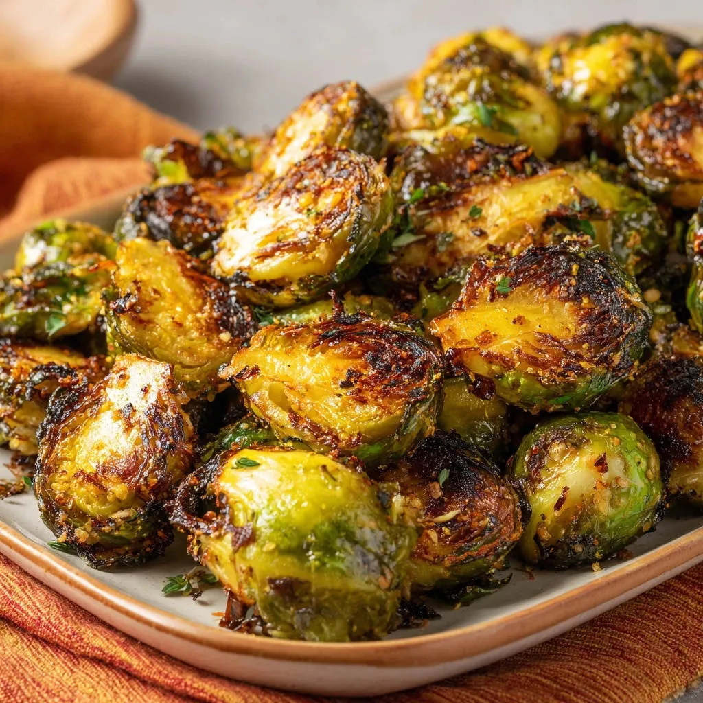 Roasted Brussels Sprouts: Crispy & Caramelized Perfection shown in a close-up view with visible seasoning.