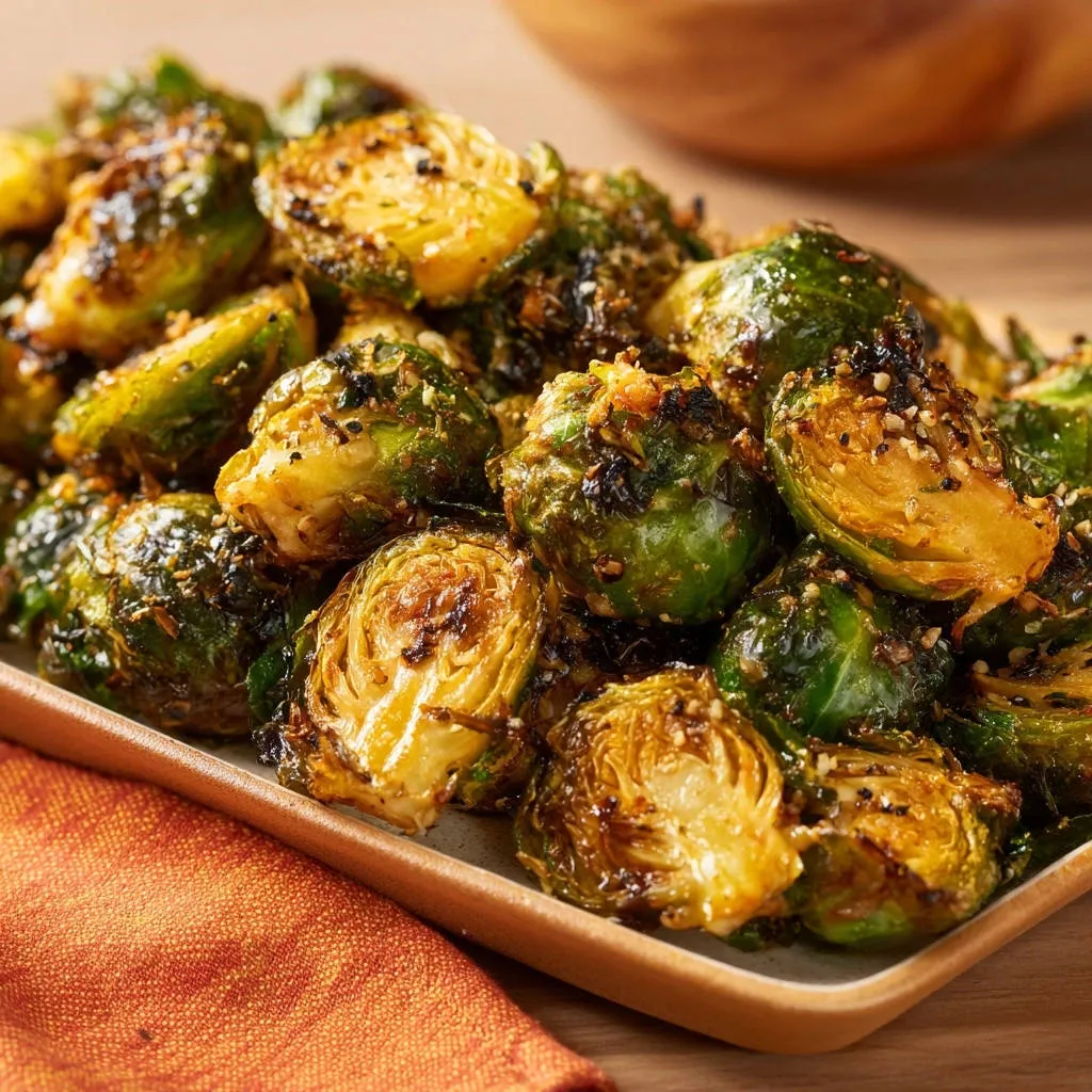 Roasted Brussels Sprouts: Crispy & Caramelized Perfection shown in a close-up view with visible seasonings and textures.