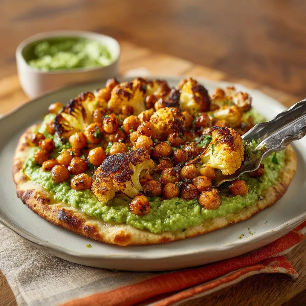 Roasted cauliflower & chickpea flatbread being served with tongs from a close-up side view.