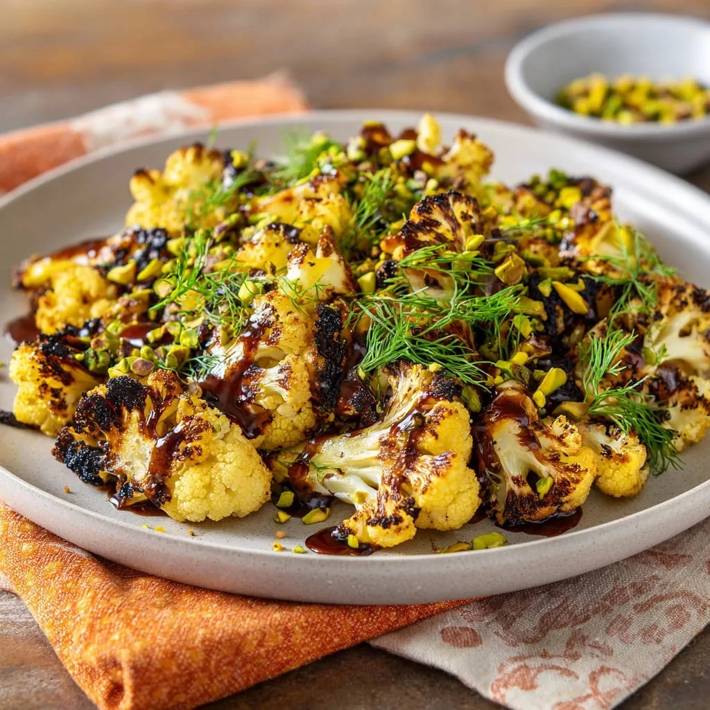 Roasted cauliflower with pistachios and dill, generously drizzled with a dark glaze, presented on a platter.
