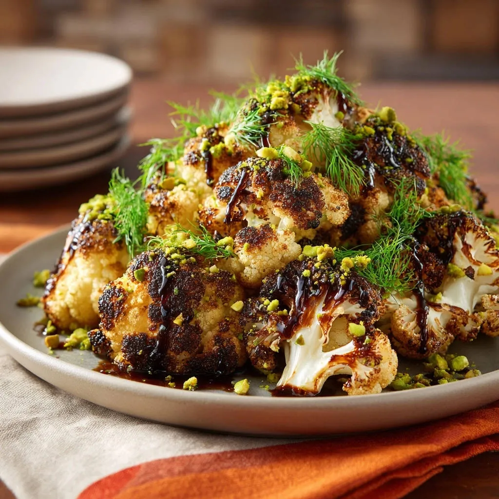 Roasted cauliflower with pistachios and dill, artfully drizzled with a dark glaze, shown in a close-up view.