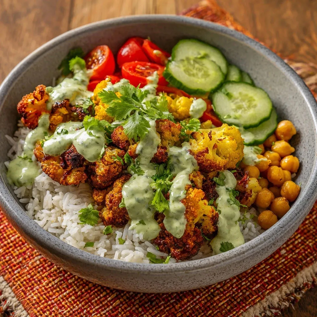 Roasted cauliflower power bowl with rice, chickpeas, and cucumber, generously drizzled with green sauce.
