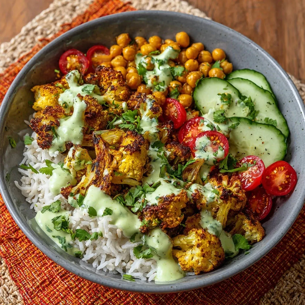Roasted cauliflower power bowl drizzled with a creamy green sauce, served with rice, chickpeas, tomatoes, and cucumber.