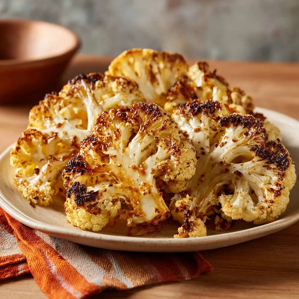 Roasted cauliflower steaks showing a close-up cross-section with browned edges and tender florets.