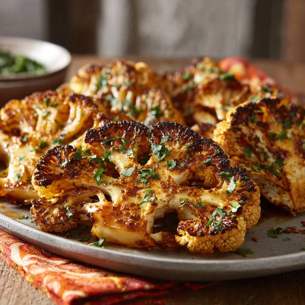 Roasted cauliflower steaks, featuring a close-up view with visible spices and fresh parsley garnish.
