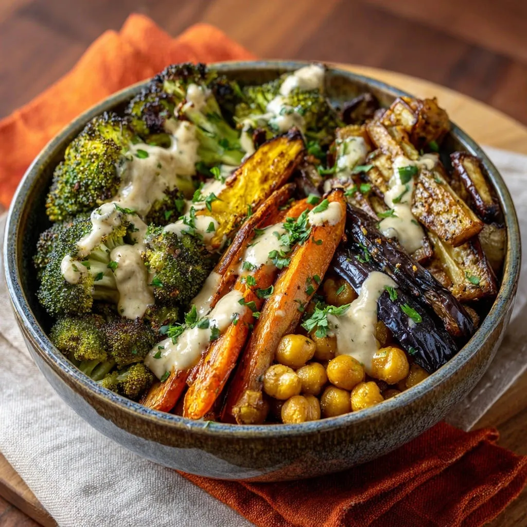 Hearty roasted veggie & chickpea bowl with broccoli, carrots, and eggplant drizzled with a creamy tahini sauce.