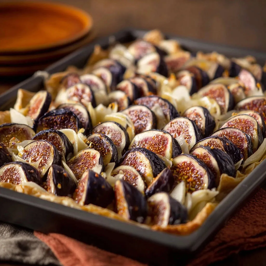 Rustic fig and sweet onion tart presented in a baking tray, showcasing the sliced fruit and pastry.