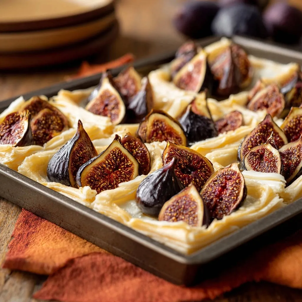 Rustic fig and sweet onion tart prepared in a baking pan with flaky pastry and fresh figs.