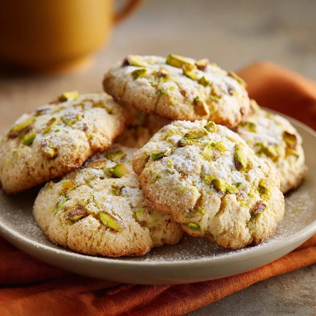 Rustic pistachio cookies with a snowy dusting of powdered sugar and scattered pistachio pieces, showing a close-up detail.
