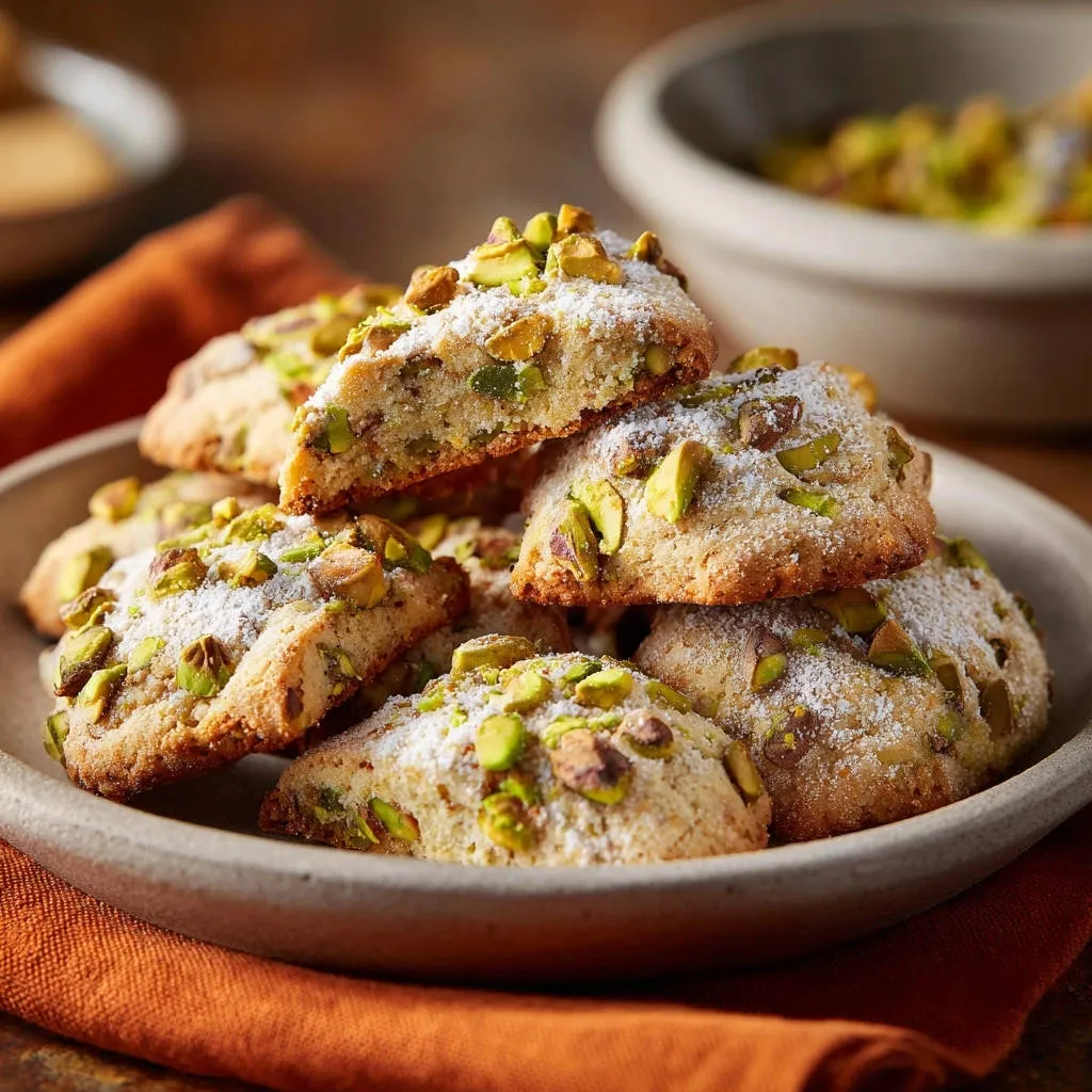 Rustic pistachio cookies with a snowy powdered sugar finish and visible pistachio pieces, a close-up view.