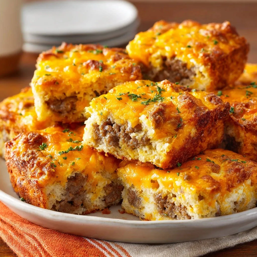 Sausage & Cheese Breakfast Bake cross-section showing a tender interior with melted cheddar cheese topping.