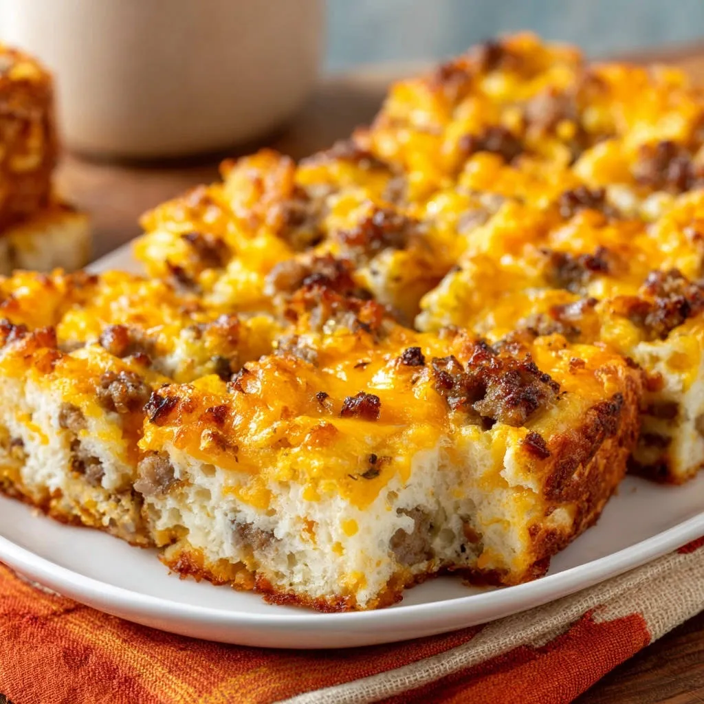 Sausage & Cheese Breakfast Bake shown in a close-up cross-section revealing its tender, layered interior.