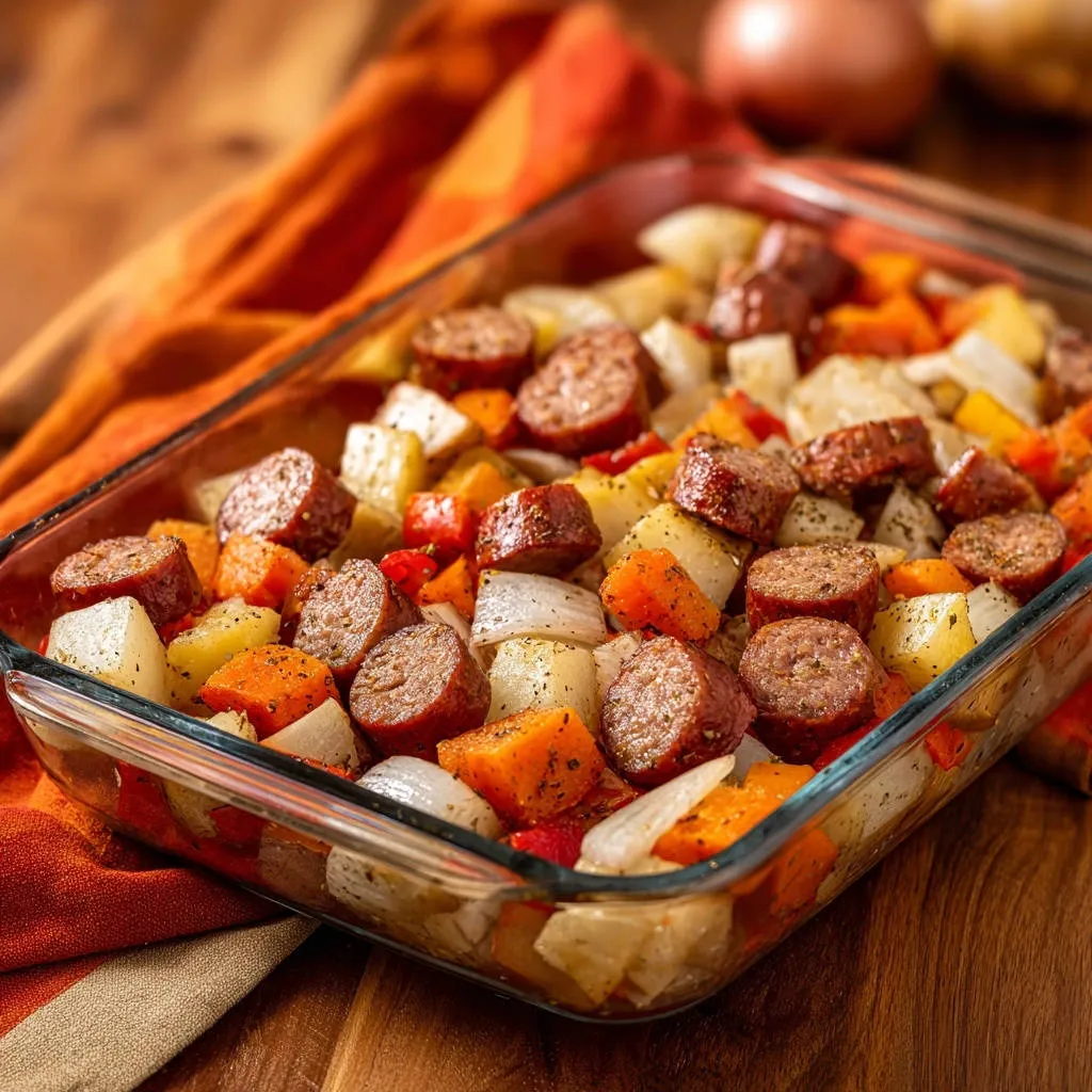 Hearty sausage & veggie bake shown in a clear glass dish with roasted potatoes, carrots, and onions.