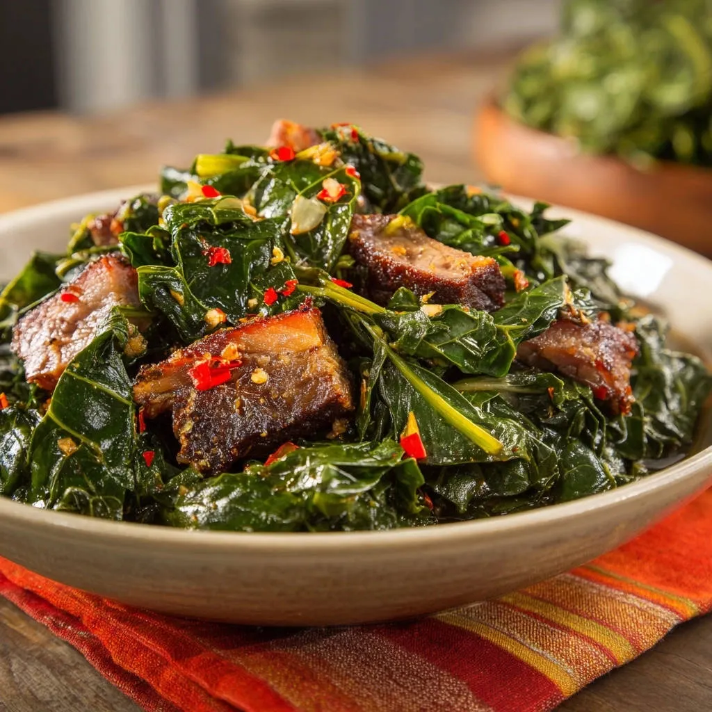Savory braised collard greens with tender pork and red pepper flakes in a close-up view.