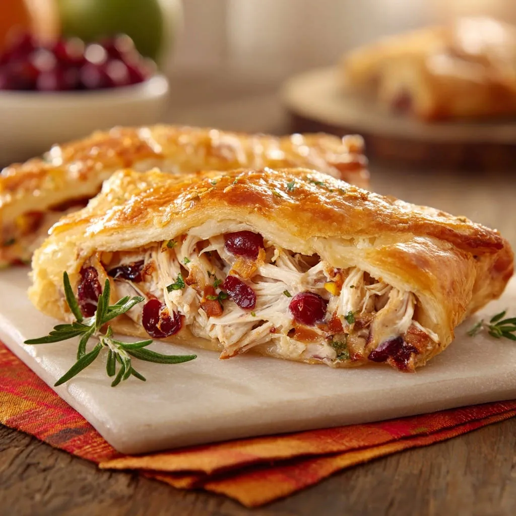 Savory chicken cranberry ring shown in a close-up cross-section revealing the shredded chicken and tart cranberries inside golden pastry.