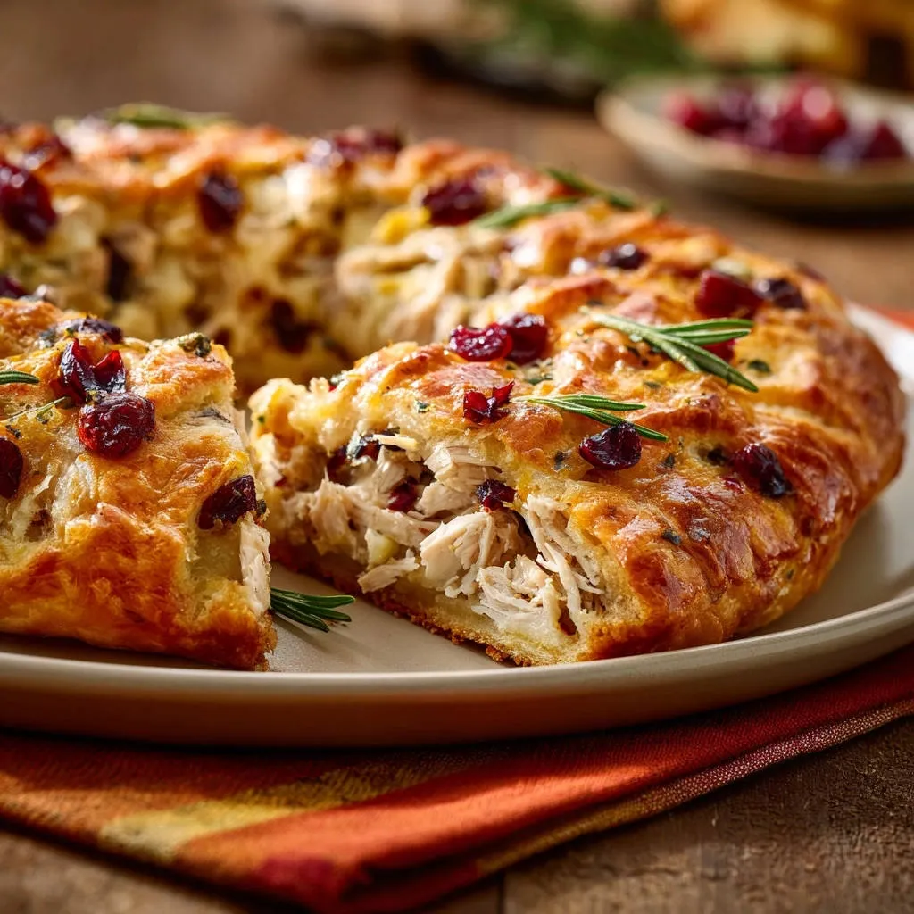 Savory chicken cranberry ring shown in a close-up cross-section, revealing its juicy filling and golden pastry.