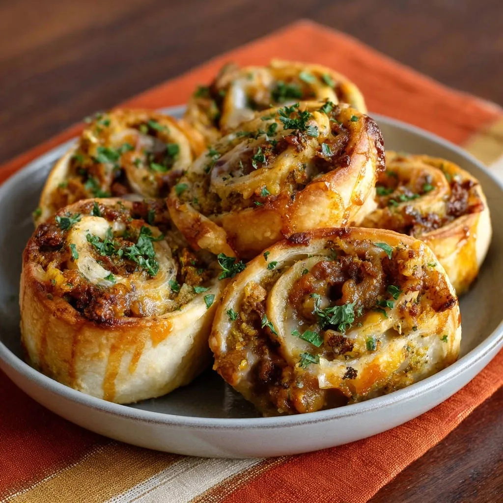 Savory pinwheels, golden and flaky, are shown in a close-up view, garnished with fresh parsley.