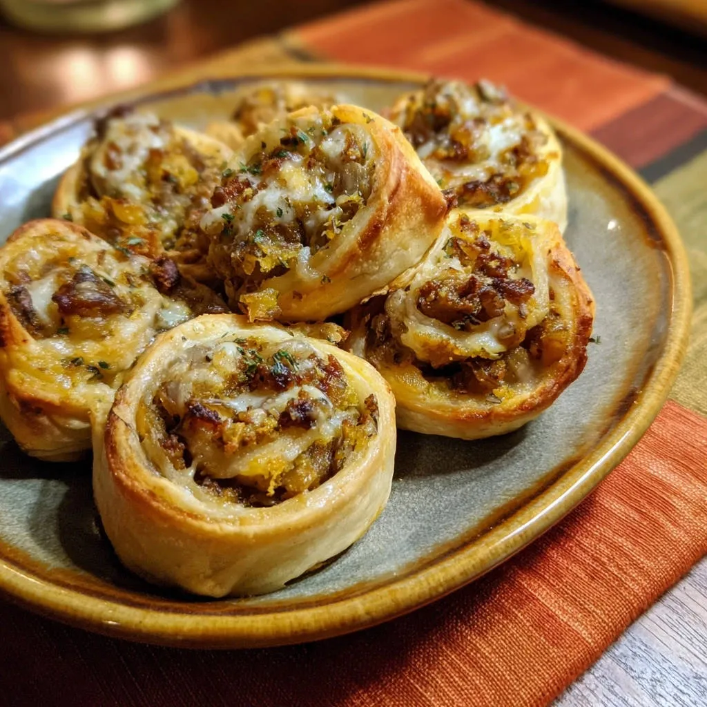 Savory pinwheels shown as a close-up on a plate, highlighting their golden, flaky texture and filling.