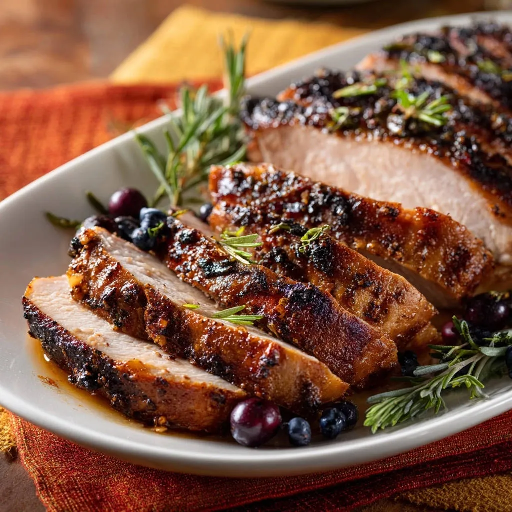 Juicy seared turkey loin with blackberry glaze, shown as a close-up of sliced meat with fresh berries and rosemary garnish.