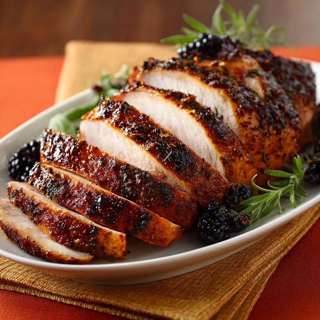 Juicy seared turkey loin with blackberry glaze, sliced and presented in a close-up view on a platter with garnishes.