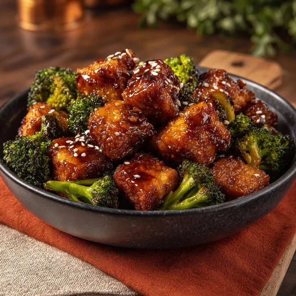 Sesame glazed crispy chicken bites served in a dark bowl with fresh broccoli florets, sprinkled with white sesame seeds.