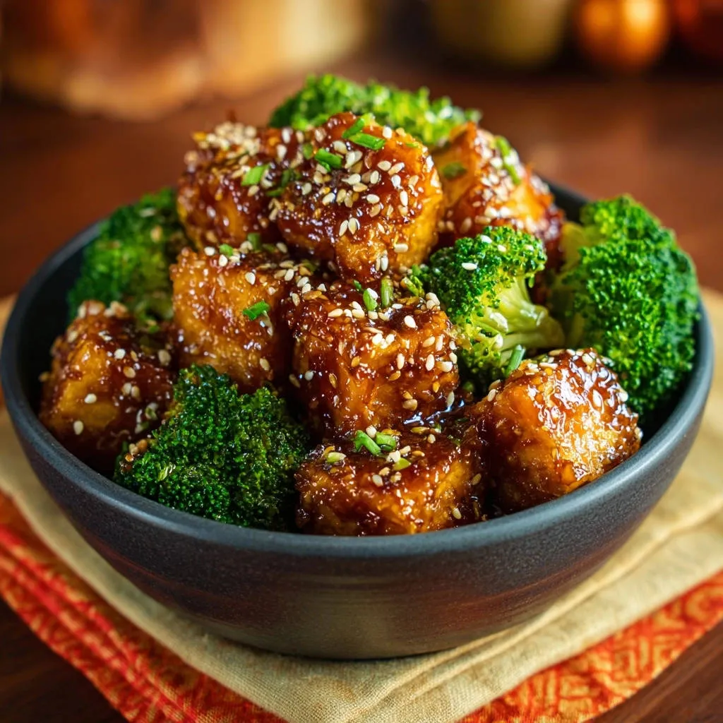 Sesame glazed crispy chicken bites shown in a dark bowl with broccoli and a sesame seed garnish, a close-up view.