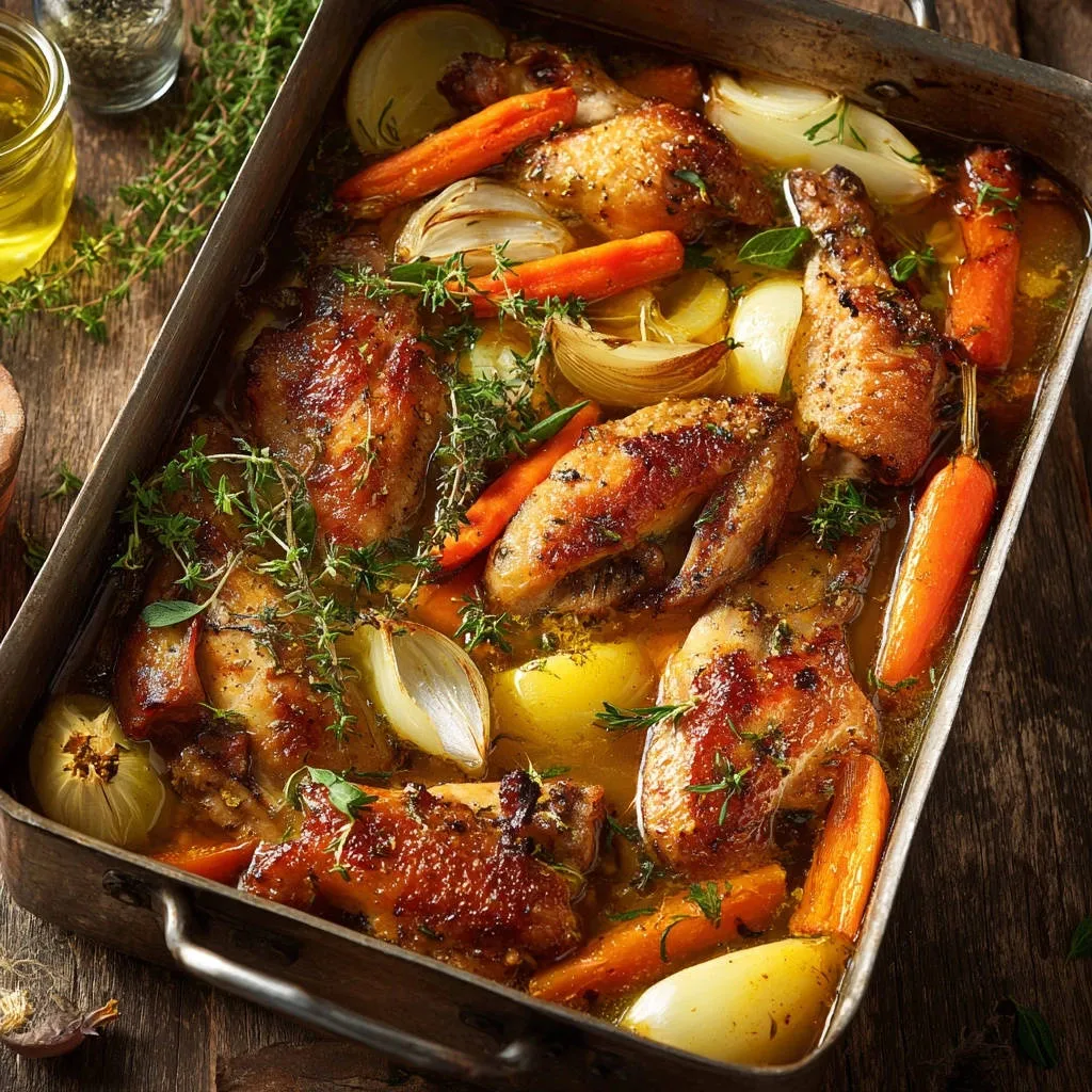 Juicy sheet pan chicken & veggies with carrots and onions in a roasting pan, viewed from above.