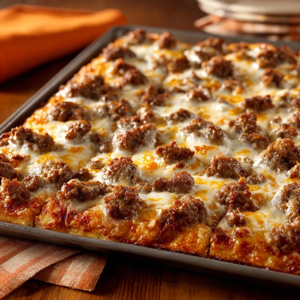 Sheet pan sausage pizza close-up showing the bubbly cheese and browned sausage topping in detail.