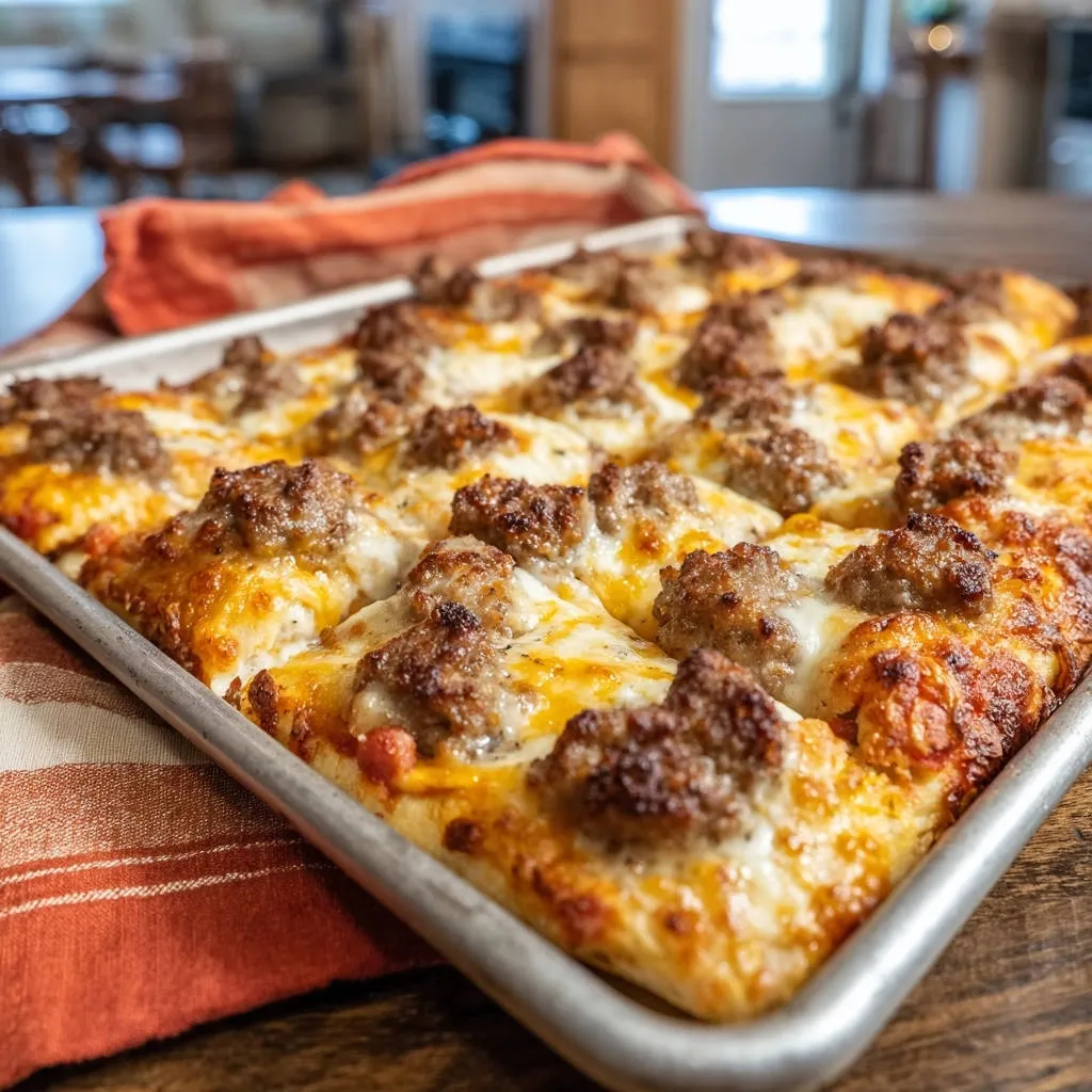 Sheet pan sausage pizza, sliced into squares and presented in the baking pan on a wooden table.