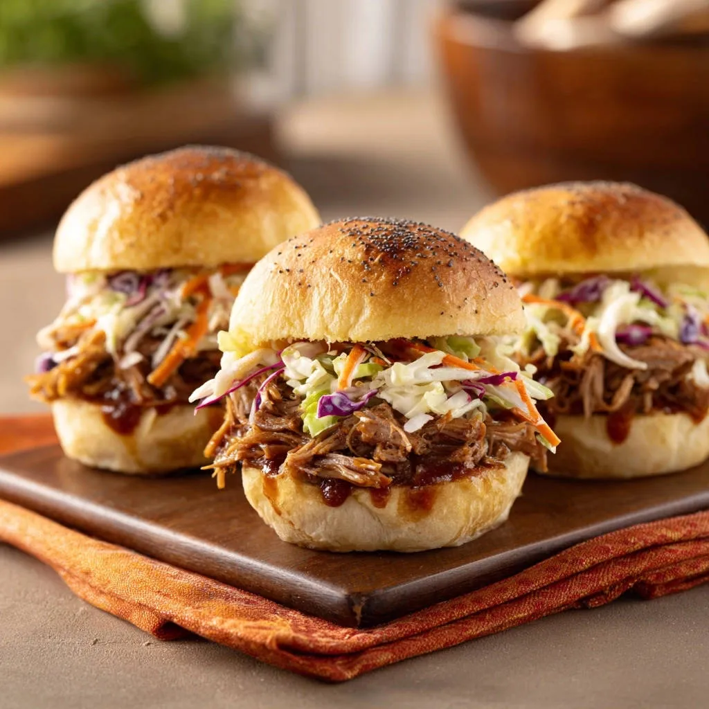Juicy shredded beef sandwiches with coleslaw, presented as three sliders on a wooden board.