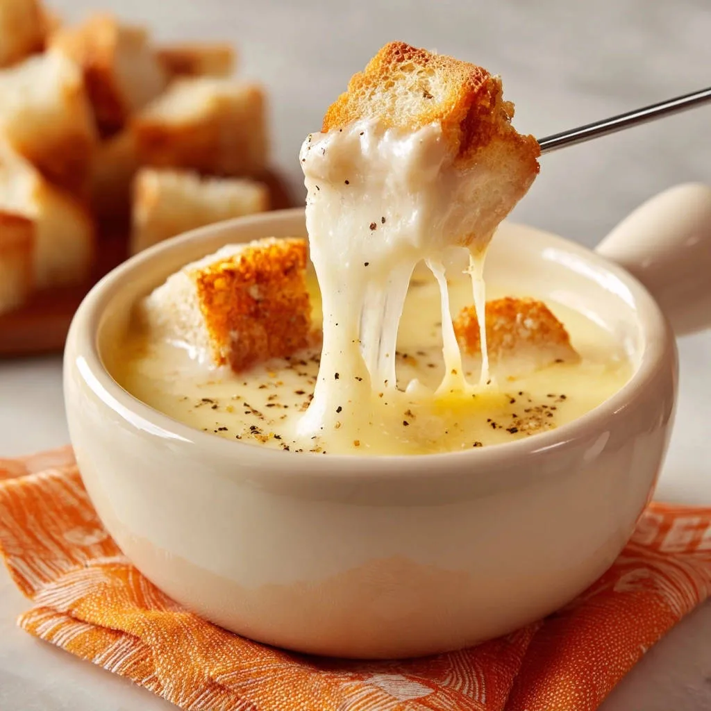 Silky smooth cheese dip with a piece of toasted bread being dipped into the creamy, gooey cheese.