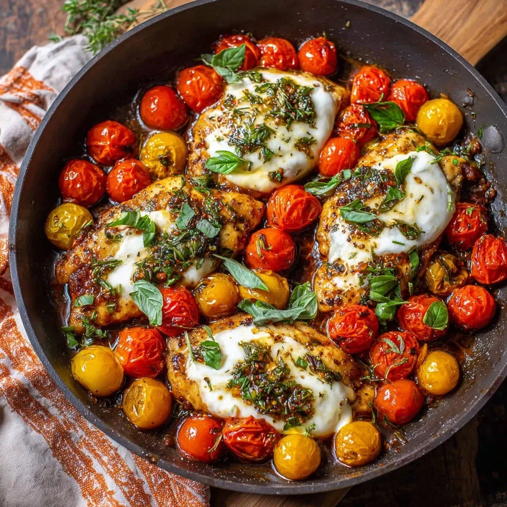 Skillet Chicken Caprese served in a cast iron pan with cherry tomatoes and melted mozzarella cheese, presented in an overhead view.