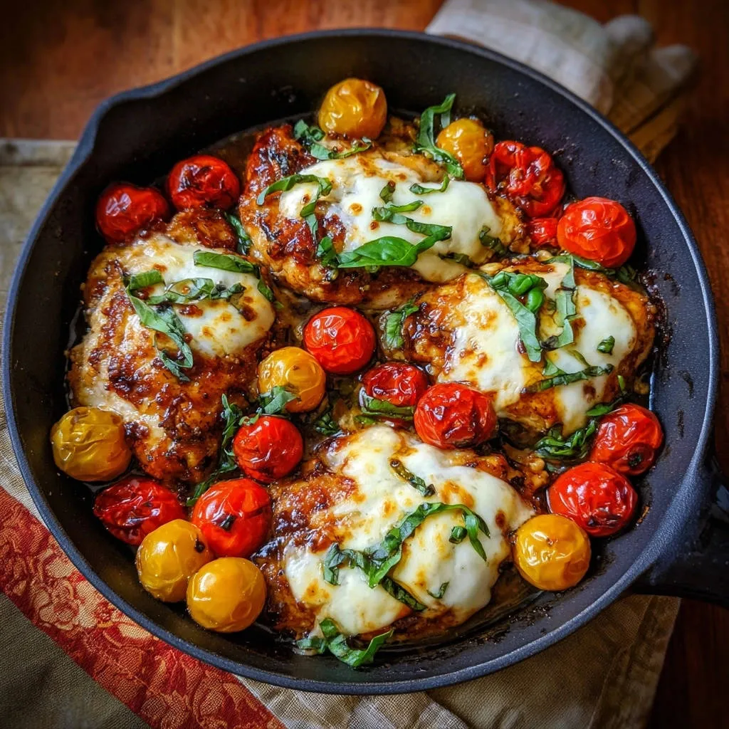 Skillet Chicken Caprese cooking in a cast iron pan with melted mozzarella and cherry tomatoes.