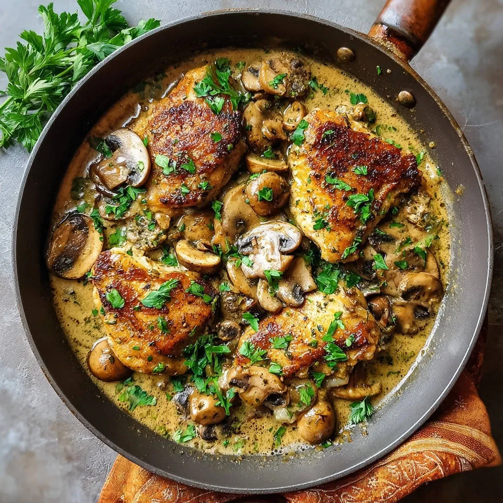 Skillet creamy mushroom chicken shown in a close-up overhead view in a pan with fresh parsley garnish.
