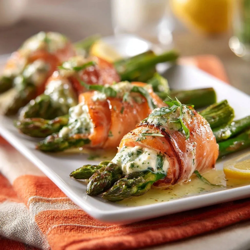 Smoked salmon and asparagus bundles plated with a creamy filling and drizzled with sauce.