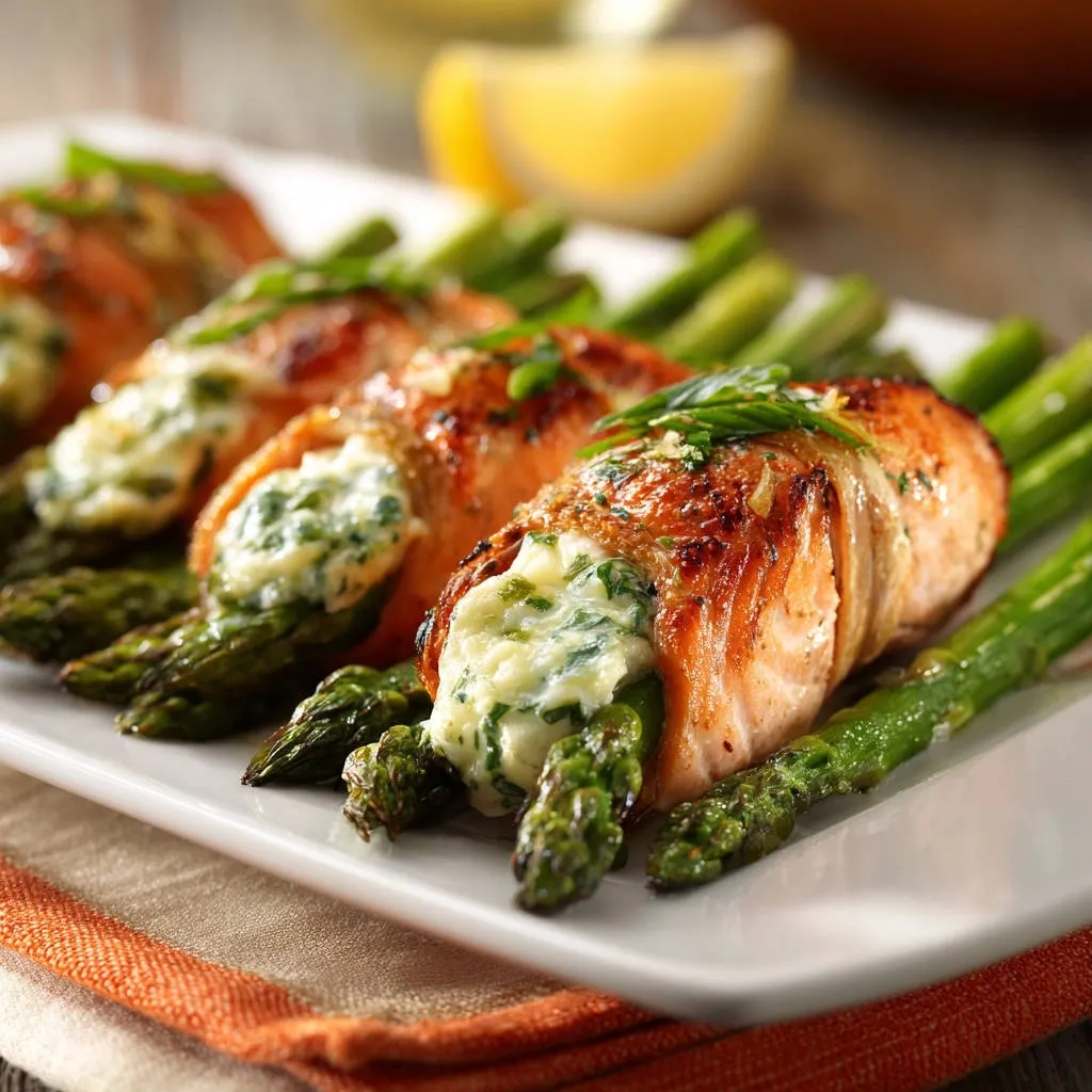 Smoked salmon and asparagus bundles stuffed with a creamy filling, showcasing the tender interior.