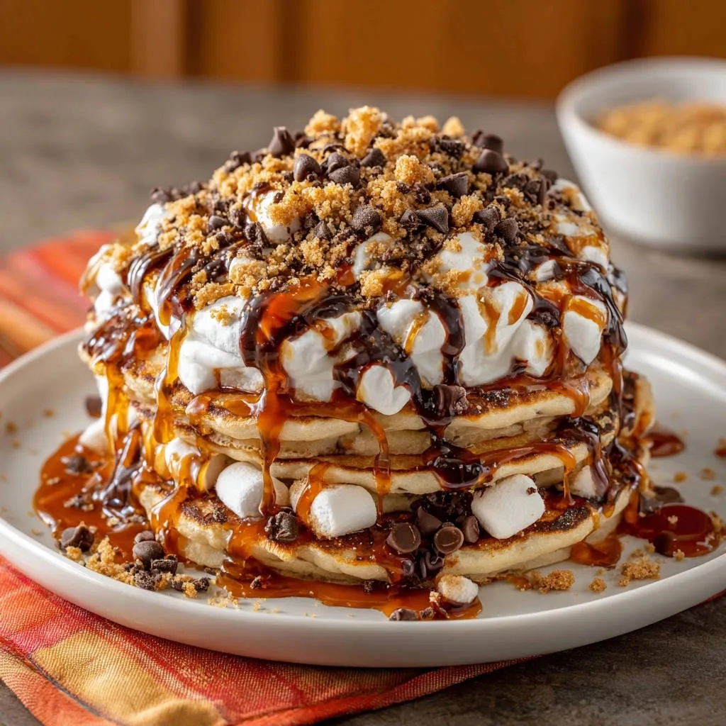 S'mores Pancakes stacked high, generously drizzled with gooey caramel and topped with whipped cream and chocolate chips.