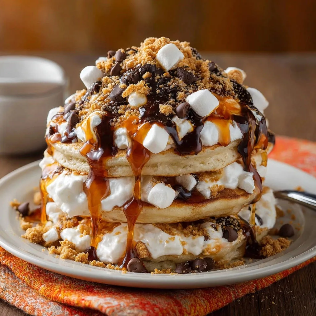 S'mores pancakes tower with fluffy whipped cream, chocolate chips, marshmallows, and caramel drizzle.