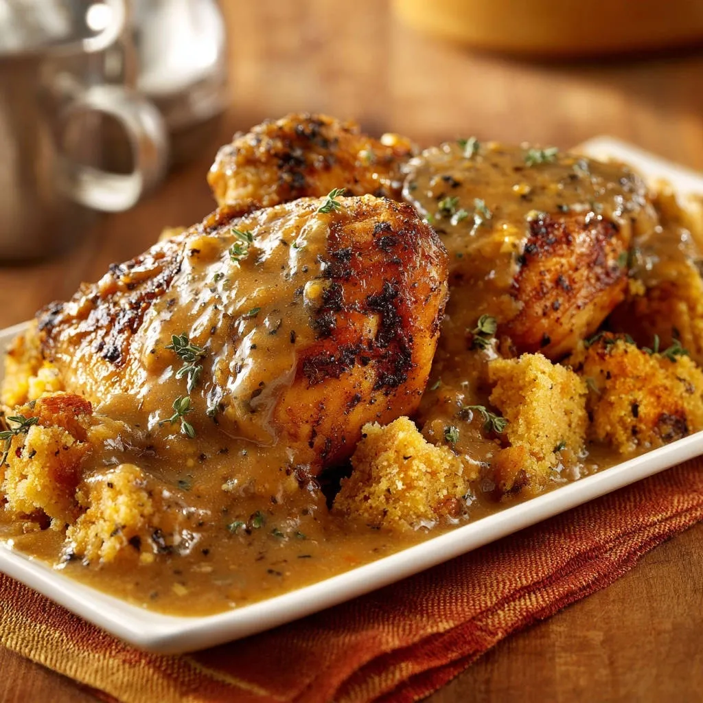 Southern Smothered Chicken and Cornbread Dressing served with a rich gravy, shown in a close-up view.