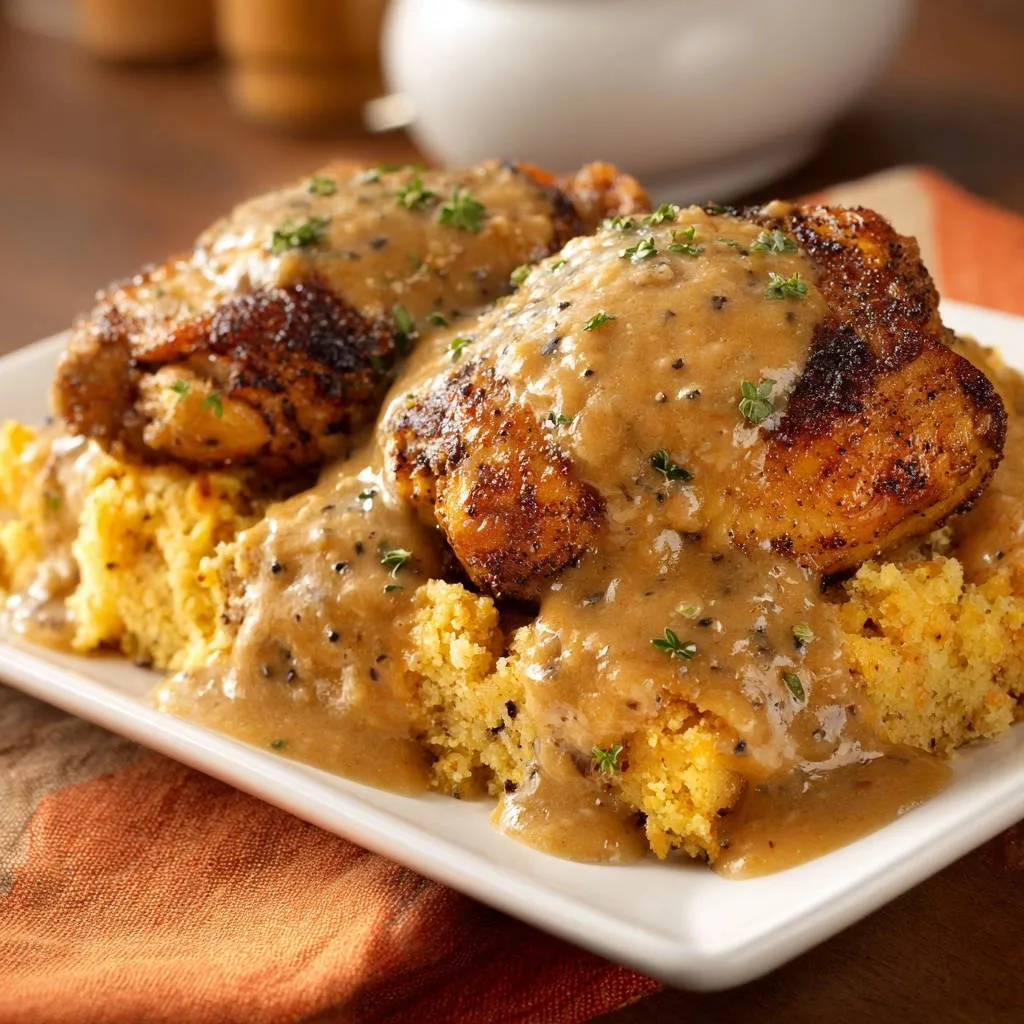 Southern smothered chicken and cornbread dressing plated close-up with gravy and parsley garnish.
