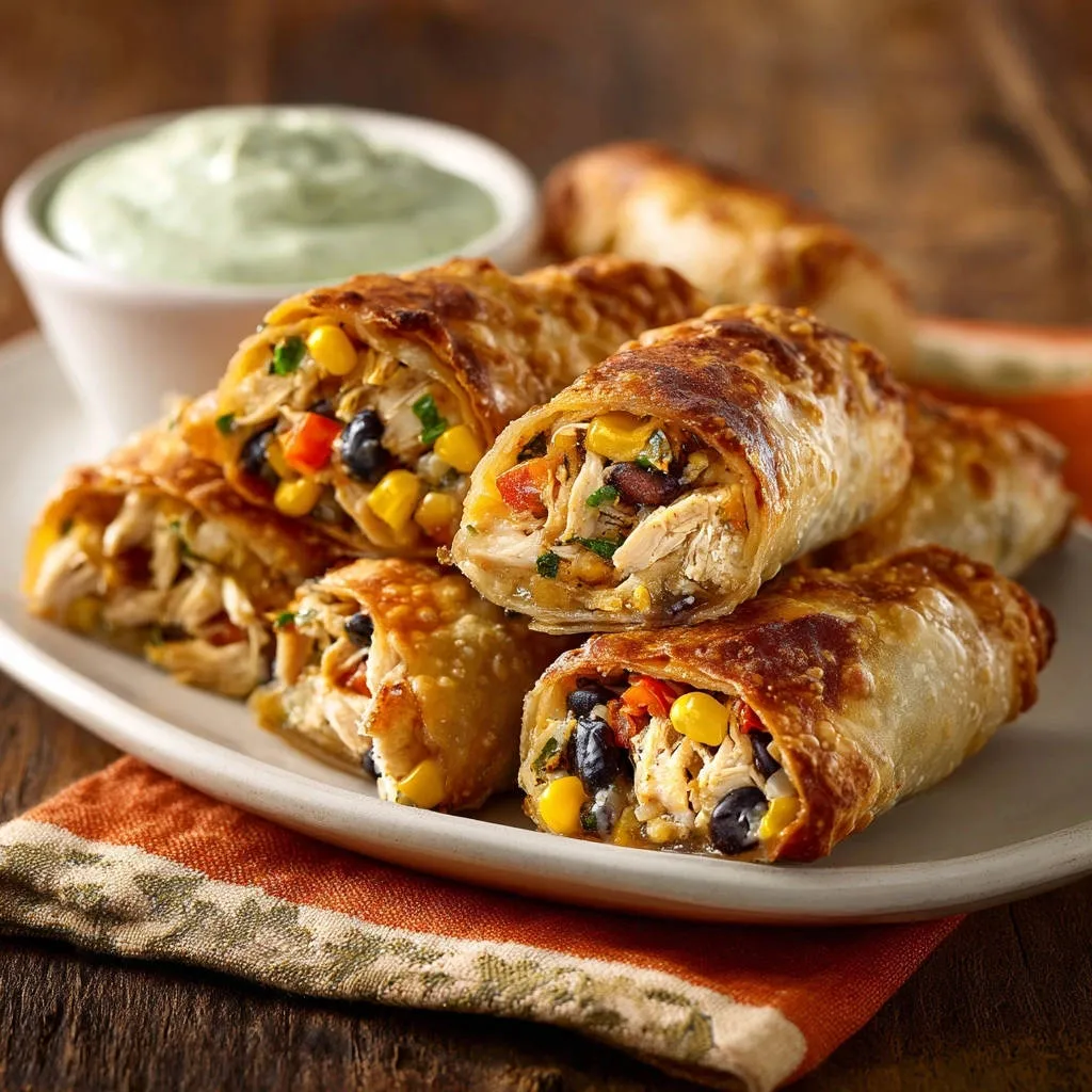 Southwest chicken crispy rolls featuring a close-up view of the golden-brown wrapper revealing the chicken, corn, and black bean filling.