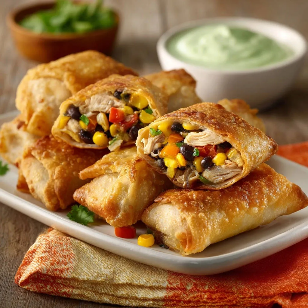 Southwest chicken crispy rolls cross-section revealing a filling of chicken, corn, and black beans.