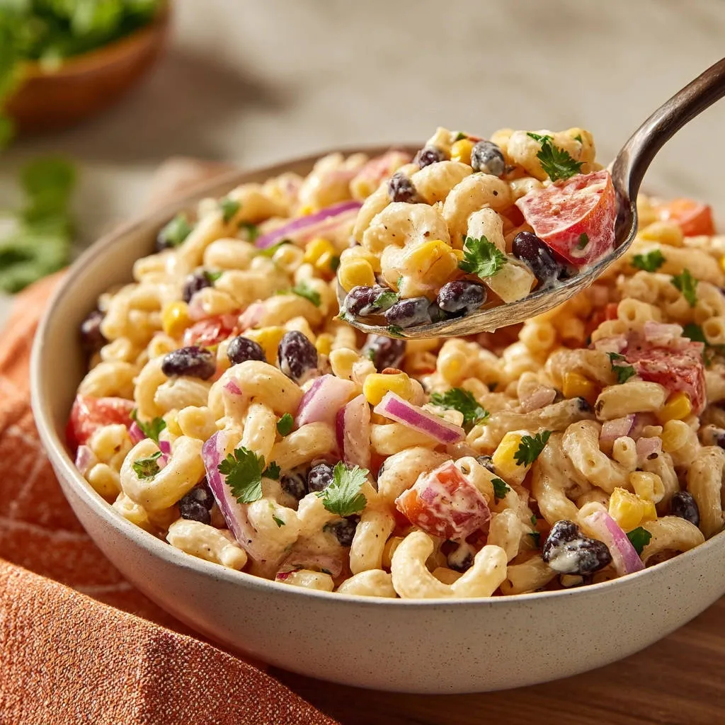 Southwestern macaroni salad, a spoonful close-up revealing creamy pasta, black beans, corn, and tomatoes.