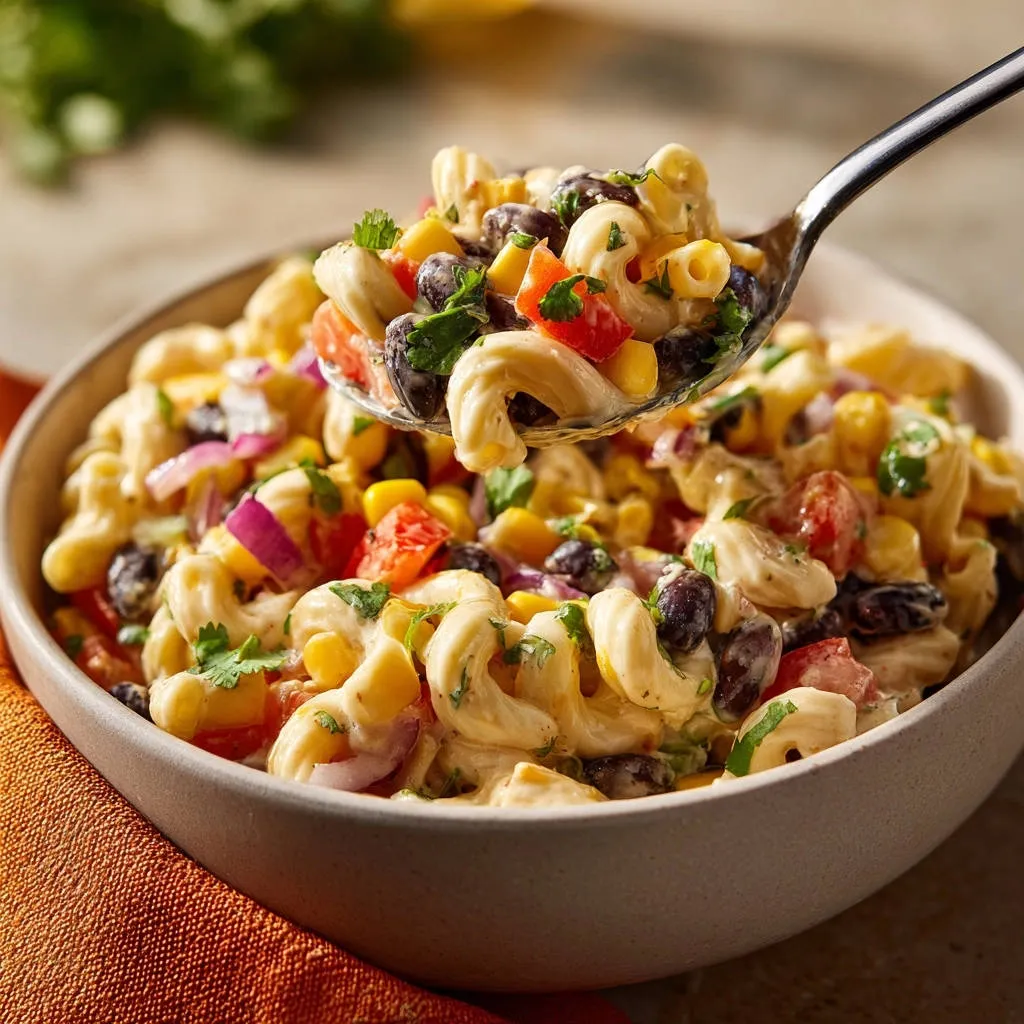 Southwestern macaroni salad with black beans, corn, and tomatoes scooped onto a spoon.